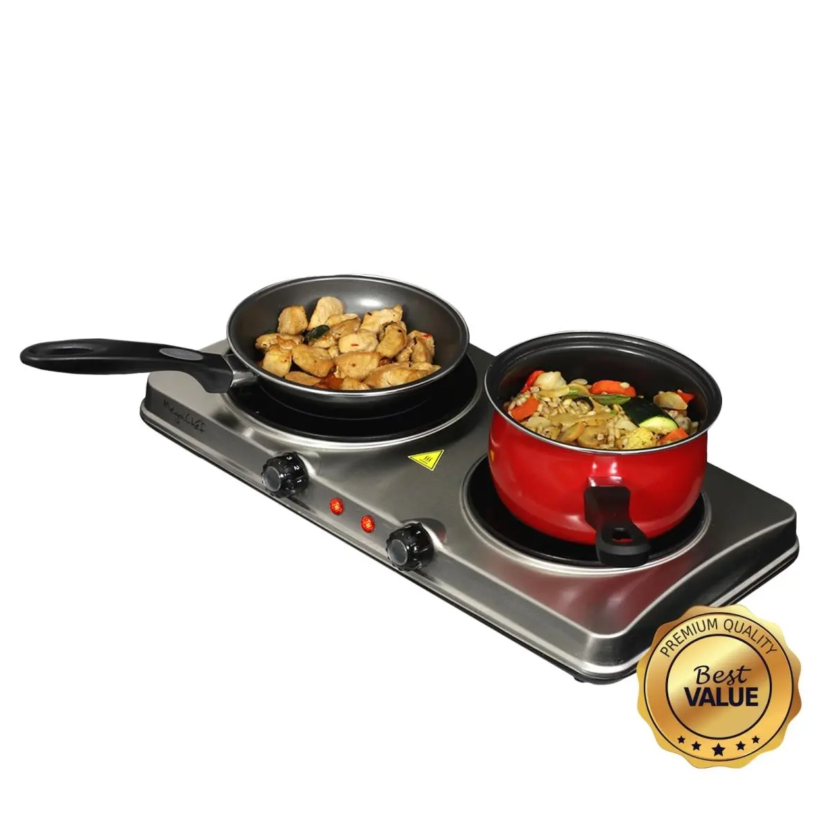 MegaChef MC-6206A-RB Electric Infrared Burner Cooktop - 1700W, 11lbs, 18x9.5x2.75in, Dual Size, Portable, Lightweight, Compact, Heavy-Duty Sleek Steel, Fast Heating, Even Heat Distribution, for Travel & Home Cooking