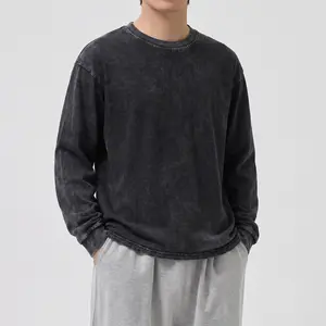 Men 100% Pure Cotton Vintage Mineral Washed Crew‑Neck Long‑Sleeve Shirts, Distressed Faded Black Oversized Loose‑Fit Pullover Tops, Casual Daily Street‑Style Basic Long‑Sleeve Tees for Teen Boys and Adult Males