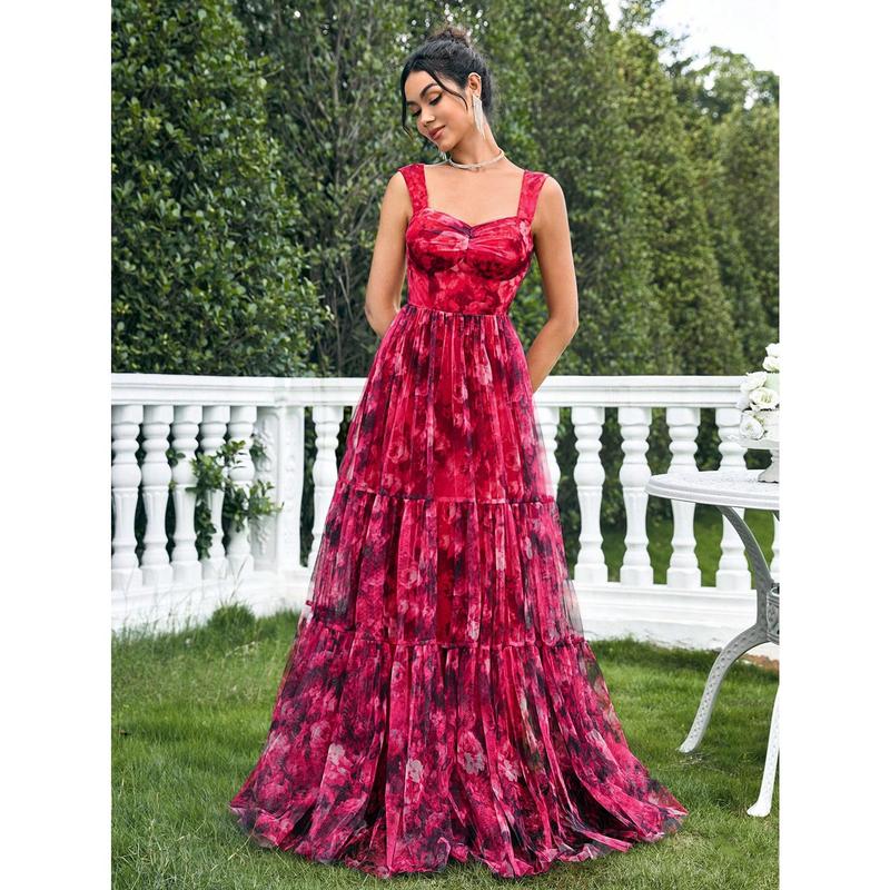 SHEIN Belle Floral Print Mesh Layer Dress Fashion Slim Ball Gown Skirt Maxi Women Outfit