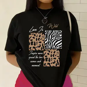 Women's Short-Sleeve Leopard Zebra Print Patchwork T-Shirt - Wild Edgy Streetwear, Classic Flat Fit, Cotton Fabric, Digital Printed Casual Top
