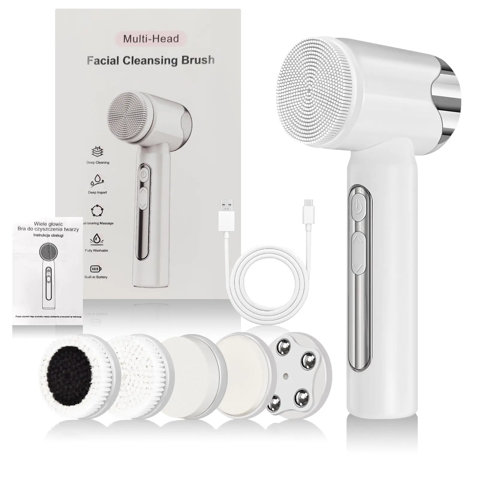 6-In-1 Facial Cleanser Brush, Rotating Exfoliating Face Brush, Electric Facial Cleaning Device, for Cleansing, Exfoliation, Massage, Facial Cleansing Tools