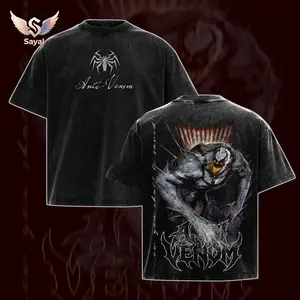 Anti-Venom Symbiote MV Comic Sayal Heavyweight 320gsm Acid Washed T-Shirt Streetwear Culture Boxy Silhouette Urban Statement Piece High Street Fashion Grunge Aesthetic Cyber Y2K Graphic Tee Distressed Edge Retro Menswear Classic Apparel