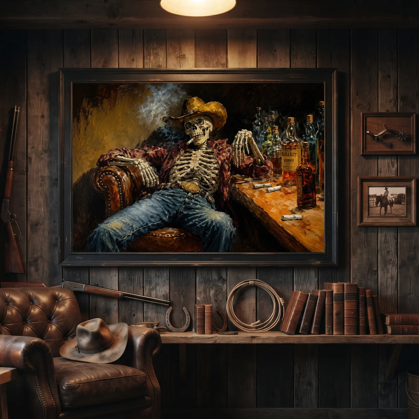 Skeleton Design Cowboy Canvas Wall Art Canvas Poster Vintage Oil Painting Style Western Gothic Dark Art Print Bartender Skeleton Artwork for Living Room, Man Cave, or Home Bar