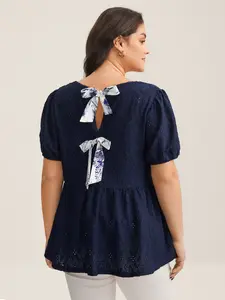 【Summer Turn-Up】BlOOMCHIC Plus Size Back Bow Tie Textured Top - Navy Blue Short Puff Sleeve V-Neck Summer Top Tie Knot Detail Shortsleeve Shirts Medium Bodycon Blouse Indigo Vneck [1x-6x] 2026 Summer Pick for Mother's Day
