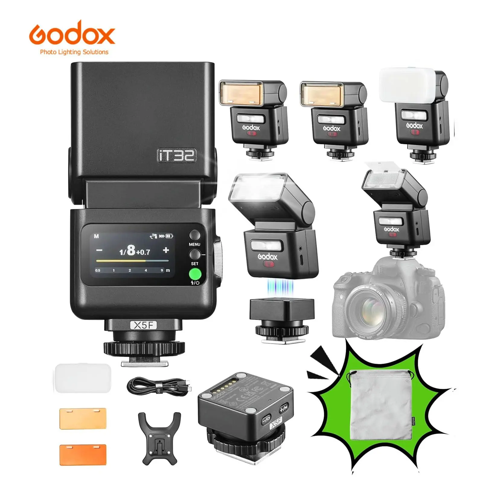 Godox iT32 TTL Camera Flash for Fuji Cameras, Camera Accessories with X5F Wireless Flash Trigger, Magnetic Hot Shoe, Built-in 2.4G Receiver, Compatible with Fuji XT4, XT3, XT30, XT20, XPro2, X-ro1, X100F, X100T, Cells, Photographers, Touch Screen, Batteri