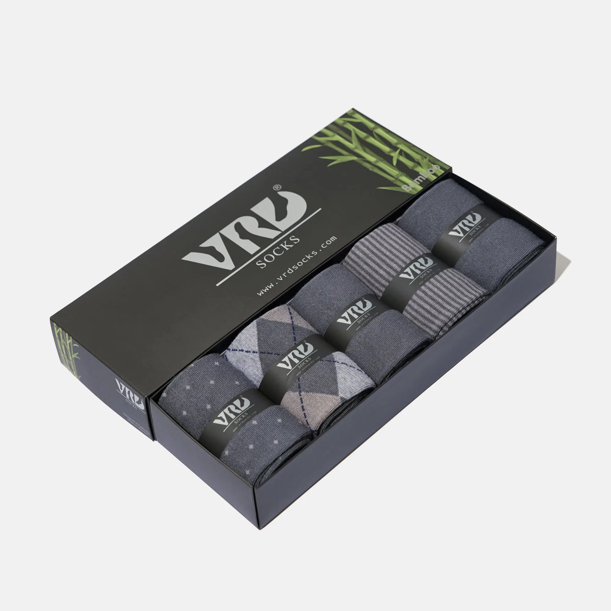 VRD Men’s Premium Ocean Grey Mix Variety Socks (5-Pack) | Includes Dotted, Argyle, Striped & Solid | Luxury Bamboo Rayon Crew Socks | Size 8-13 | Gift Box | Fast 2-Day Shipping