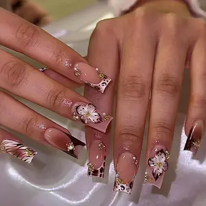 24pcs Long Square Nail Tips, Leopard Print & Floral Design, Glossy Finish, Handmade Detachable Fake Nails, Includes Jelly Glue & File