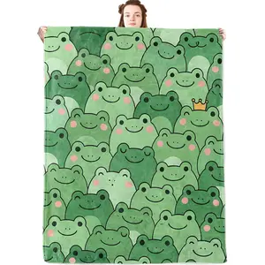 Frog Flannel Blanket,Adorable Frogs Face Throw with Blush and Crown,Cute Minimalist Style,Lightweight Flannel Blankets for Animal Lover,Couch,Cabin,Bed,Camping Decor Gifts