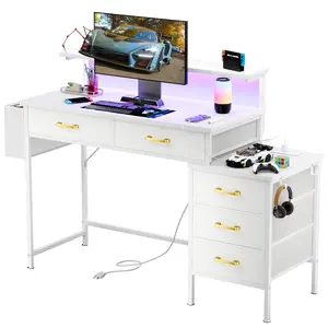 Gaming Desk with 5-Drawer Fabric Storage Cabinet, 50-Inch Desk with Wood Top, Steel Frame, Gold Handles, and Leather Finish – Multi-Functional White Desk for Home Office, Bedroom, Closet, Living Room, and Dorm Vanity Table