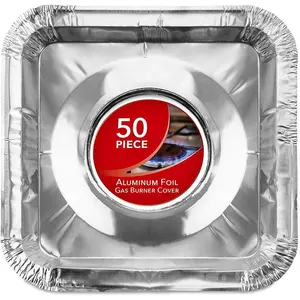 Disposable Gas Burner Liners (50 Pack) Aluminum Foil Square Gas Stove Burner Covers - 8.5 Inch Gas Range Protector, Stove Top Covers for Gas Burners, Foil Liners to Catch Oil, Grease, and Food Spills
