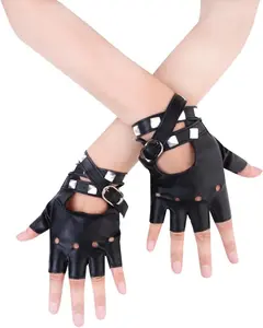 Women PU Leather Punk Gloves Rivets Belt up or Snap Half Finger Performance Mittens