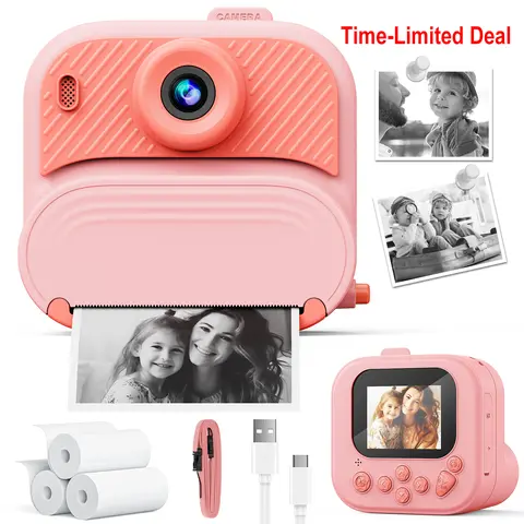 Portable Instant Print Kids Pocket Camera - 48MP 1080P HD Digital Camera with 2.4-in Screen, Printer Paper, Fun Games, Christmas Gifts for 3-12 Year Old Girls’ Birthday Toy, Camera That Prints Pictures Instantly