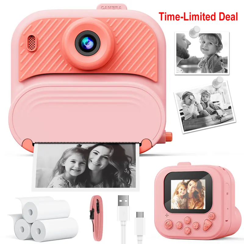 Portable Instant Print Kids Pocket Camera - 48MP 1080P HD Digital Camera with 2.4-in Screen, Printer Paper, Fun Games, Christmas Gifts for 3-12 Year Old Girls’ Birthday Toy, Camera That Prints Pictures Instantly