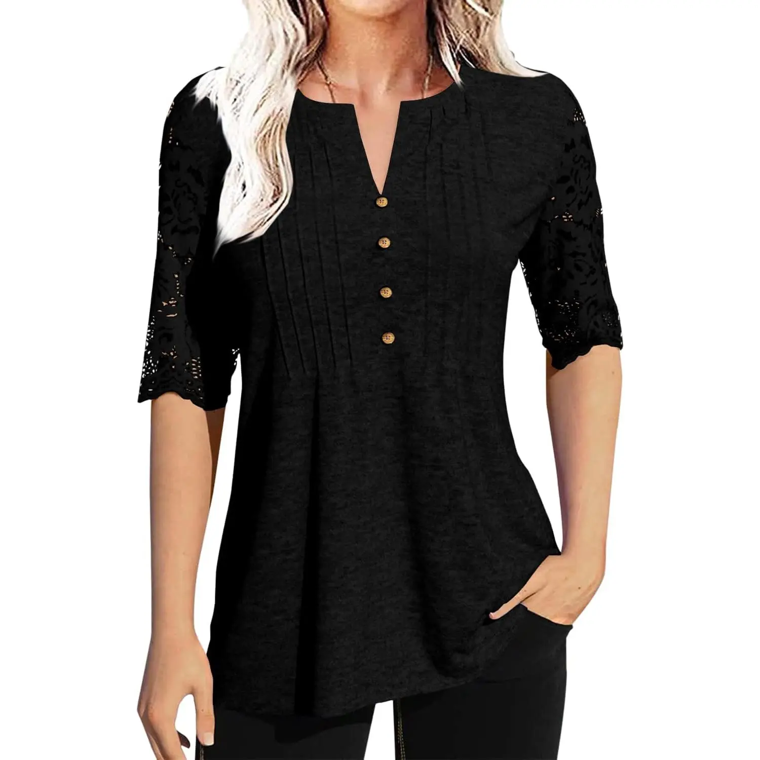 Imily Bela Essentials Women's Lace Sleeve Summer T-Shirt V-Neck Botton Up Basic Solid Color Casual Tunic Tops