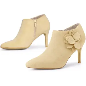 BLISSFUL STEP Women's Flower Decor Ankle Booties Pointed Toe Stiletto Heels Booties
