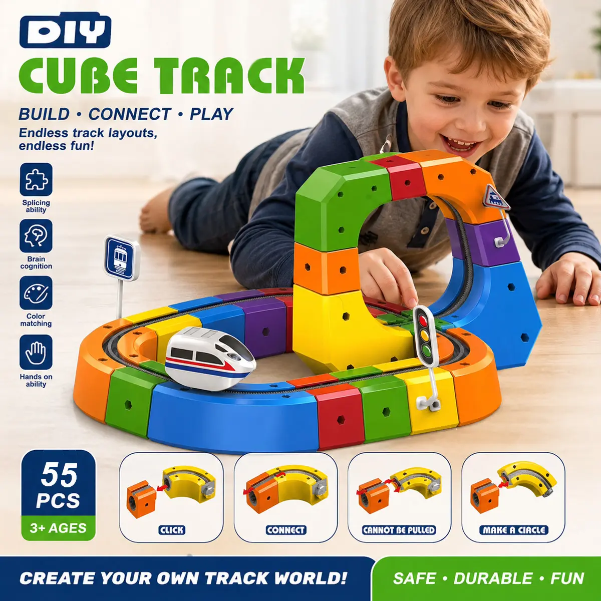 Kids DIY Splicing Cube Train Track Set, Rechargeable Electric Train Building Blocks for Early Educational Play