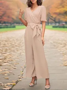 Women's V Neck Wide Leg Jumpsuit, Summer Casual Office Wear, Belted One-Piece, Comfortable & Stylish Design, Tie Waist Jumpsuit