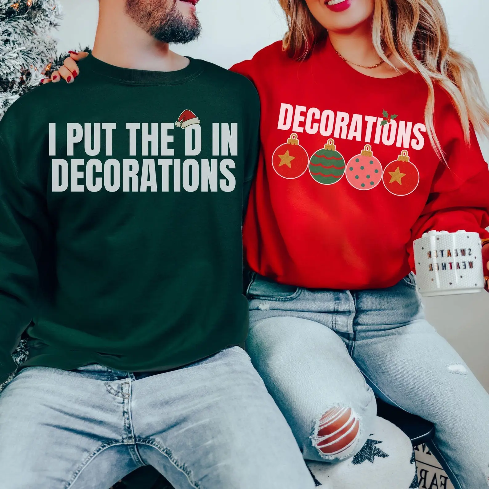 Couples Christmas Sweatshirt, Matching Inappropriate Couples PJ Tshirt, Funny Raunchy Ugly Christmas Sweater, Husband Wife Xmas Party Tees