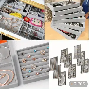 9 Pack Jewelry Drawer Organizer Inserts, Velvet Jewelry Trays for Drawers, Storage for Earring, Ring, Necklace, Watch, Bracelet