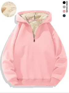 Men's Fleece Lined Hooded Sweatshirt Half Zipper Simple Solid Color Autumn Casual Fitted Pullover for Daily Wear Outdoor Activities