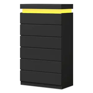 SIKAIC Modern Vertical Tall Dresser - 6-Drawer Black Indoor Cabinet with LED Light, Modern Dresser, Vertical Dresser