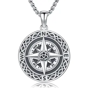 DRINSPER Compass Necklace 925 Sterling Silver Guide Pendant Necklace Celtic Knot Design Life Direction Necklace Vintage Compass Inspirational Jewelry Gift for Men Women