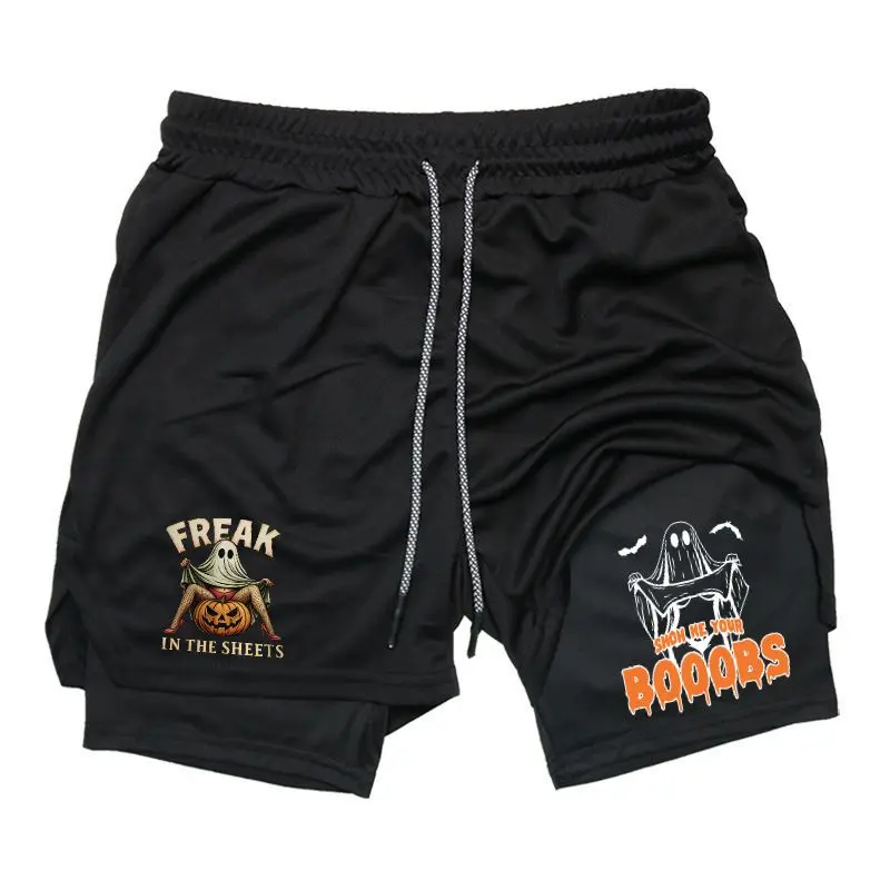 Halloween Ghost Men's Streetwear 2-in-1 Shorts Sweat Shorts with Funny Graphic Print Drawstring Waist Casual Summer Shorts for Men Trendy Drip Clothing