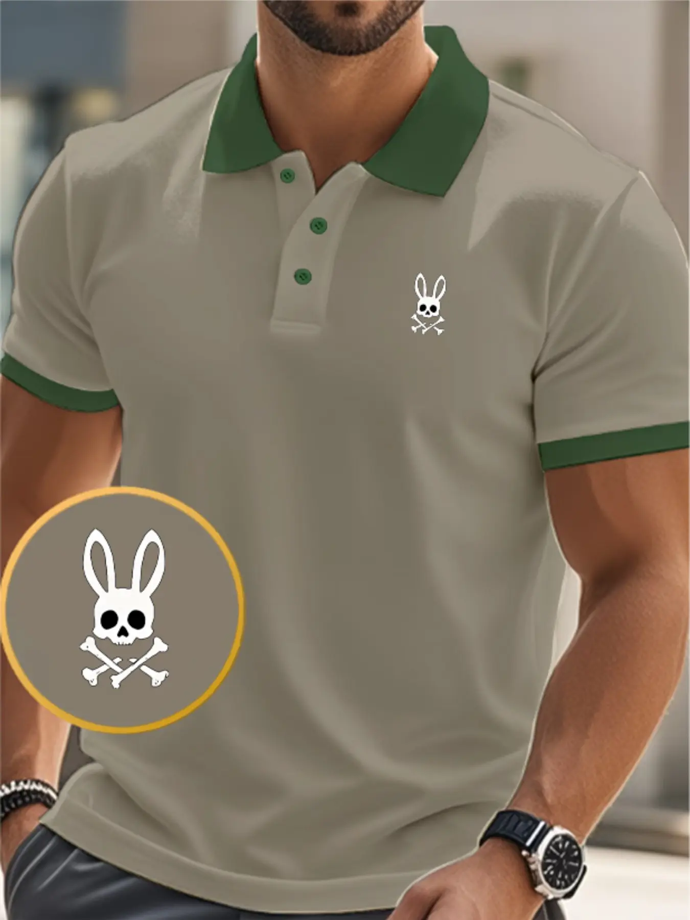 High-Quality Men's Printed Polo Shirt with Rabbit Skull Print, Casual Fitted Summer Fashion T-Shirt, Perfect for Outdoor Activities and Gifts