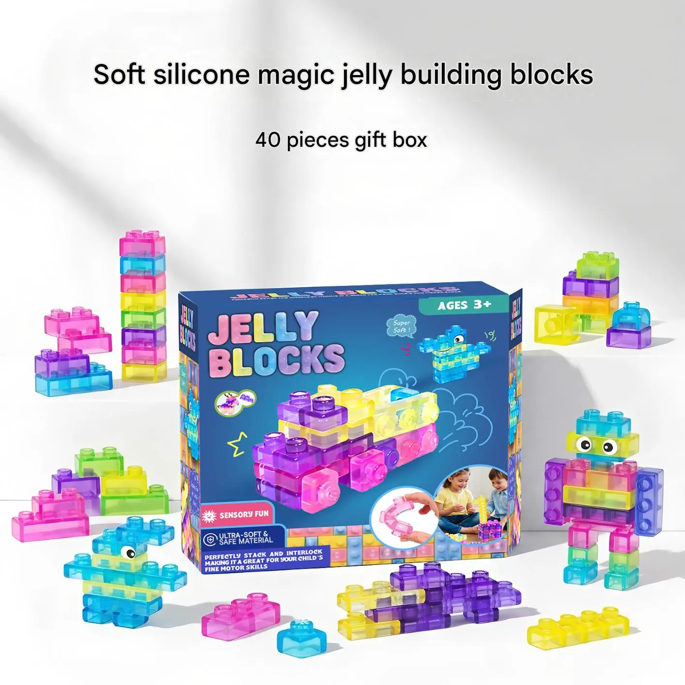 Translucent Soft Silicone Jelly Construction Building Block Set - Dinosaur-Themed, Squeezeable, Stress-Relief Toy for 3-4 Year-Olds, Non-Pricky Large Blocks, Enhances Fine Motor Skills for Tower Stacking