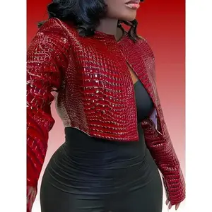 Women'sRedCrocodile-EmbossedCasualJacket-LongSleeveShortLength,CrewNeck,Non-StretchRegularFitwithSplitHem,Spring&FallOuterwearforCasualOutings,SophisticatedCraft,OutdoorFashion,TexturedFinish,StylishCoat,TrendyOutfit