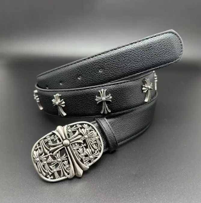 Vintage High-Street Punk Belt - Cross Rivets, Roller Buckle, "Holy Sword" Motif - Versatile Costume Jewelry Fashion Accessory for Enthusiasts