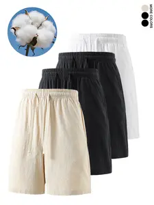 4PCS 100% Cotton Men’s Linen-Look Shorts, Elastic Waist Drawstring Loose Summer Casual Shorts
