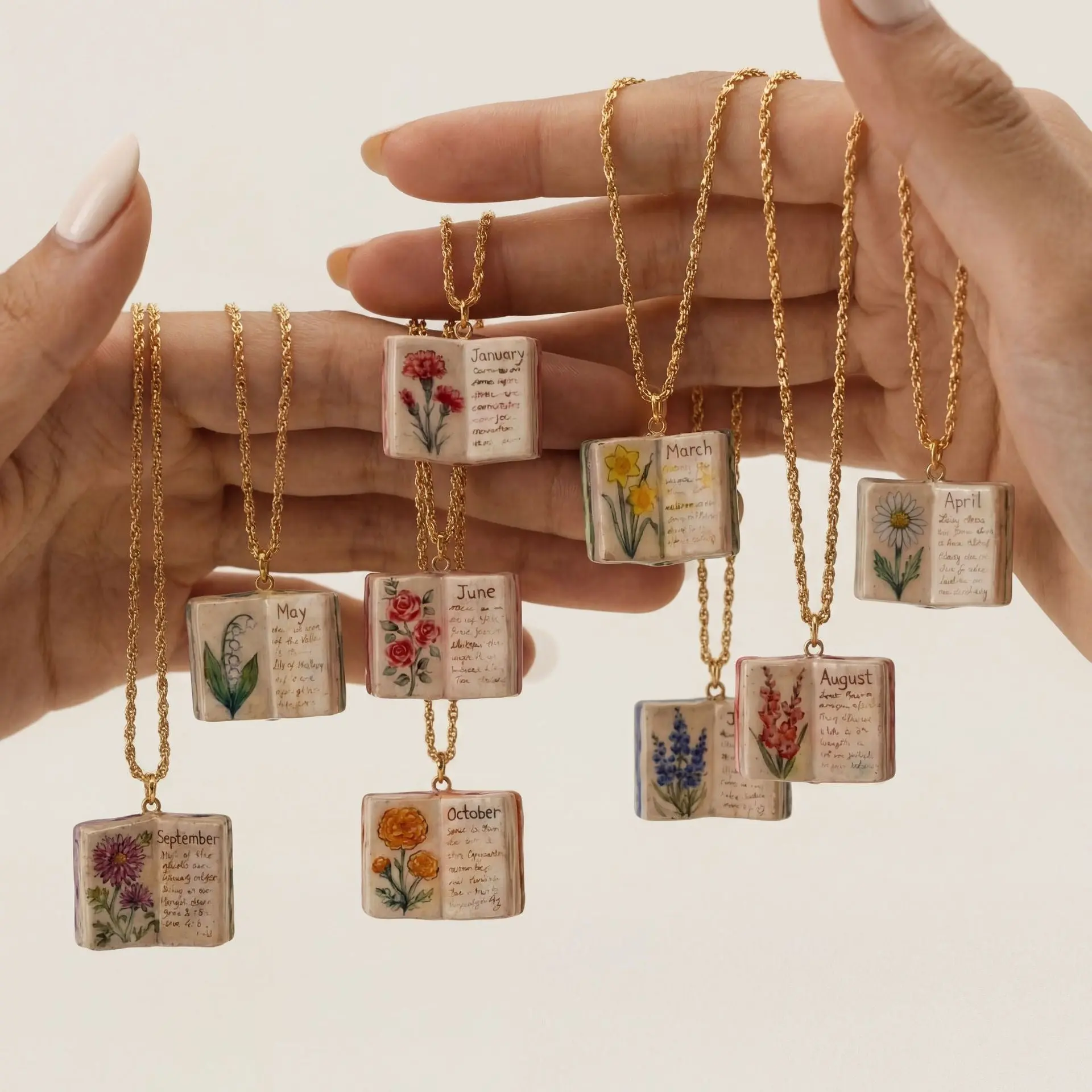 Hand-Painted Birth Flower Book Necklace - Miniature Floral Journal Pendant, Vintage Storybook Charm, Personalized Month Flower Jewelry