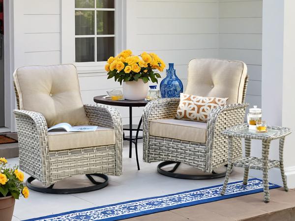 Ovios VNC Series Patio Swivel Rocking Chair 3-Piece Set with High Back Design, Spacious Armrests, Water and UV Resistant, Includes 4 High-Density Cushions