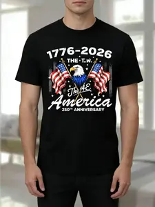 Men's 250th Anniversary American Flag & Bald Eagle T-Shirt (1776-2026) - 250 Years of Independence 100% Cotton Loose Fit Casual Shirt with Eagle Print Ideal for 4th Of Thanksgiving & Christmas Gifts