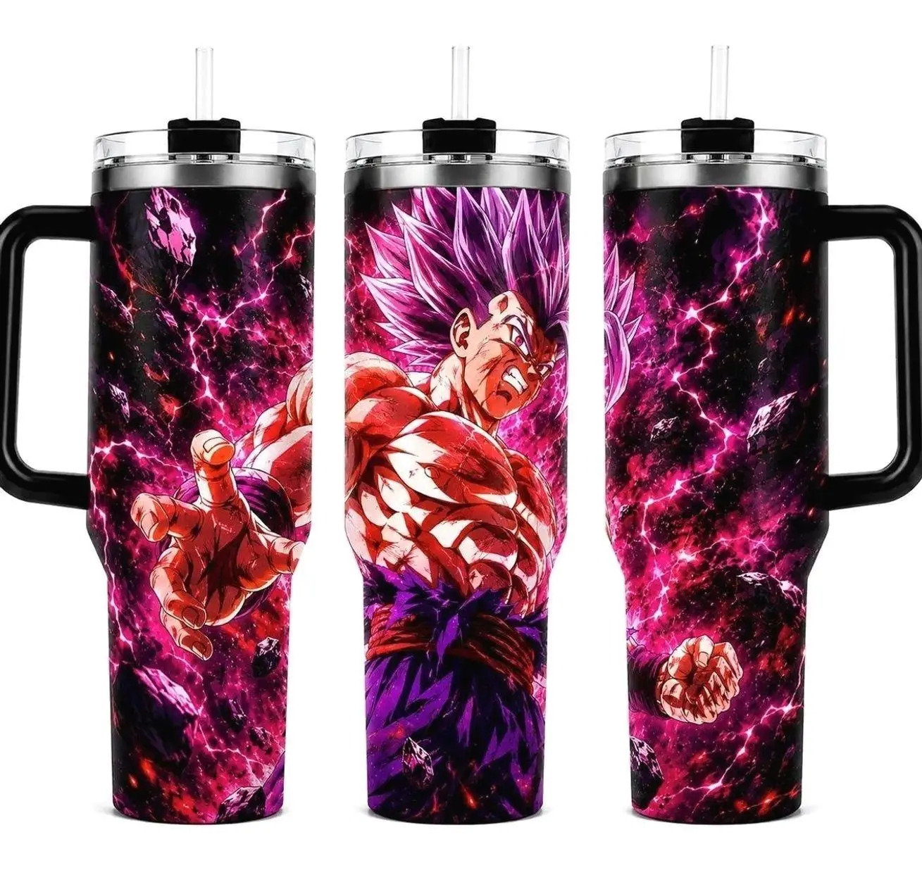 Gohan Beast Inspired Dark Energy 40oz Tumbler With Handle, Purple Lightning Character Art Stainless Steel Insulated Travel Mug