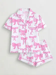 Women's Bowknot Printed Sleepwear Set, Short Sleeve Button-Up Top & Elastic Shorts, Casual Home Wear for All Seasons