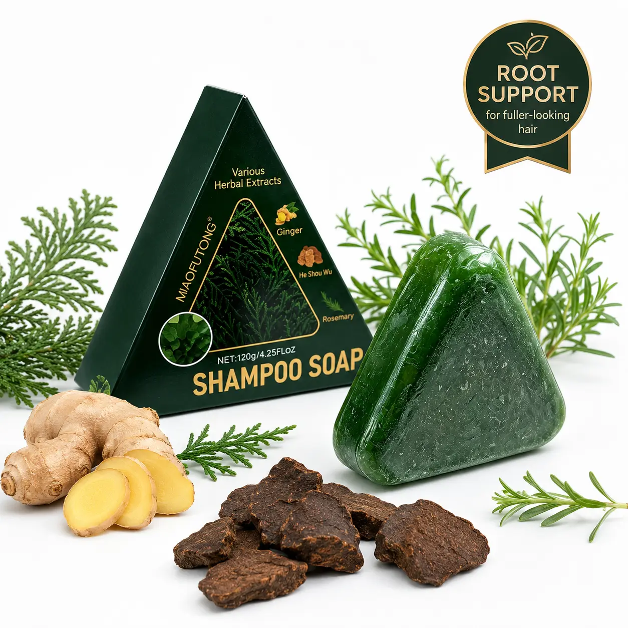 Nature Triangle Shampoo Bar with Bubble Net – Traditional Mild Daily Lightweight Herbal Cleanser for Oily Hair, Promotes Growth, Strengthens, Thickens, Volumizes, Deep Cleanses, Refreshes Scalp (For Women & Men)