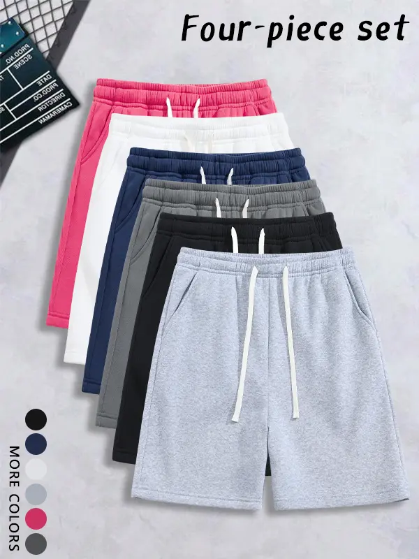 4 Pack Men’s solid-color drawstring loose straight Fashion shorts,Versatile Basic knit athletic pants,Minimalist casual unisex sports shorts,plain beach shorts,for Daily wear,outdoor,day outings,seaside vacations,leisure,summer Everyday Menswear Trouser