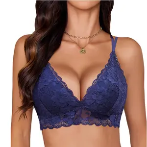 Avidlove Floral Lace Bralette for Women Deep V Cross Back Longline No Padded Soft Stretchy Nylon Spaghetti Straps Adjustable Backless Bra