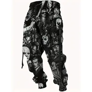 [Horror-Themed Graphic Joggers] Men's Horror-Themed Graphic Joggers - Polyester Sweatpants with Elastic Drawstring Waist - Casual & Sporty, Loose Fit, Long Pants, Non-Transparent, Knit Fabric