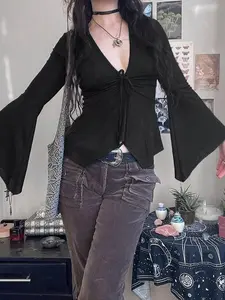 Gothic V Neck Flare Long Sleeve Top, Drawstring Waist Design T-Shirt, Stylish Aesthetic Women's Fashion, Perfect for Casual Wear