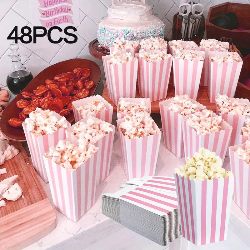 Pink and White Striped 48pcs Paper Popcorn Boxes - Pastel Candy Cardboard Buckets for Theater Carnival Birthday Party Favor Bags Disposable Traditional