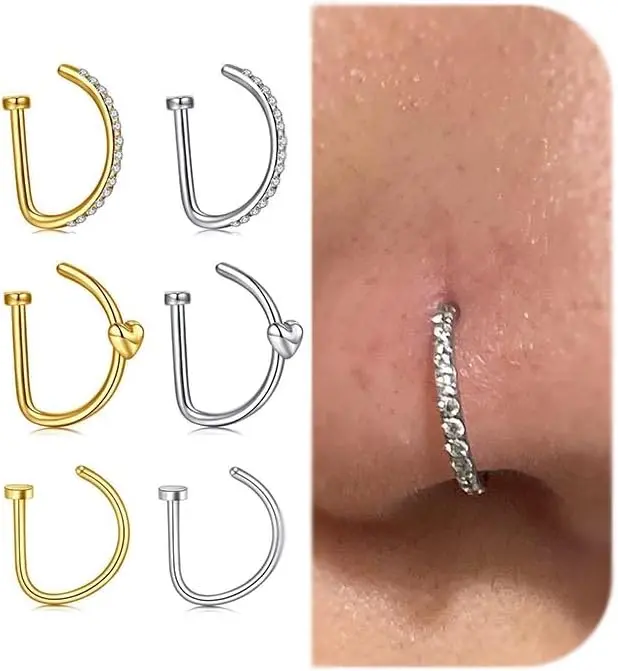 Fake Nose Ring Hoop D Shape Fake Septum Piercing Non Pierced Septum Ring Clip on Lip Rings Faux Earring Stud for Men Faux Lip Piercings Jewelry for Women Halloween Jewelry