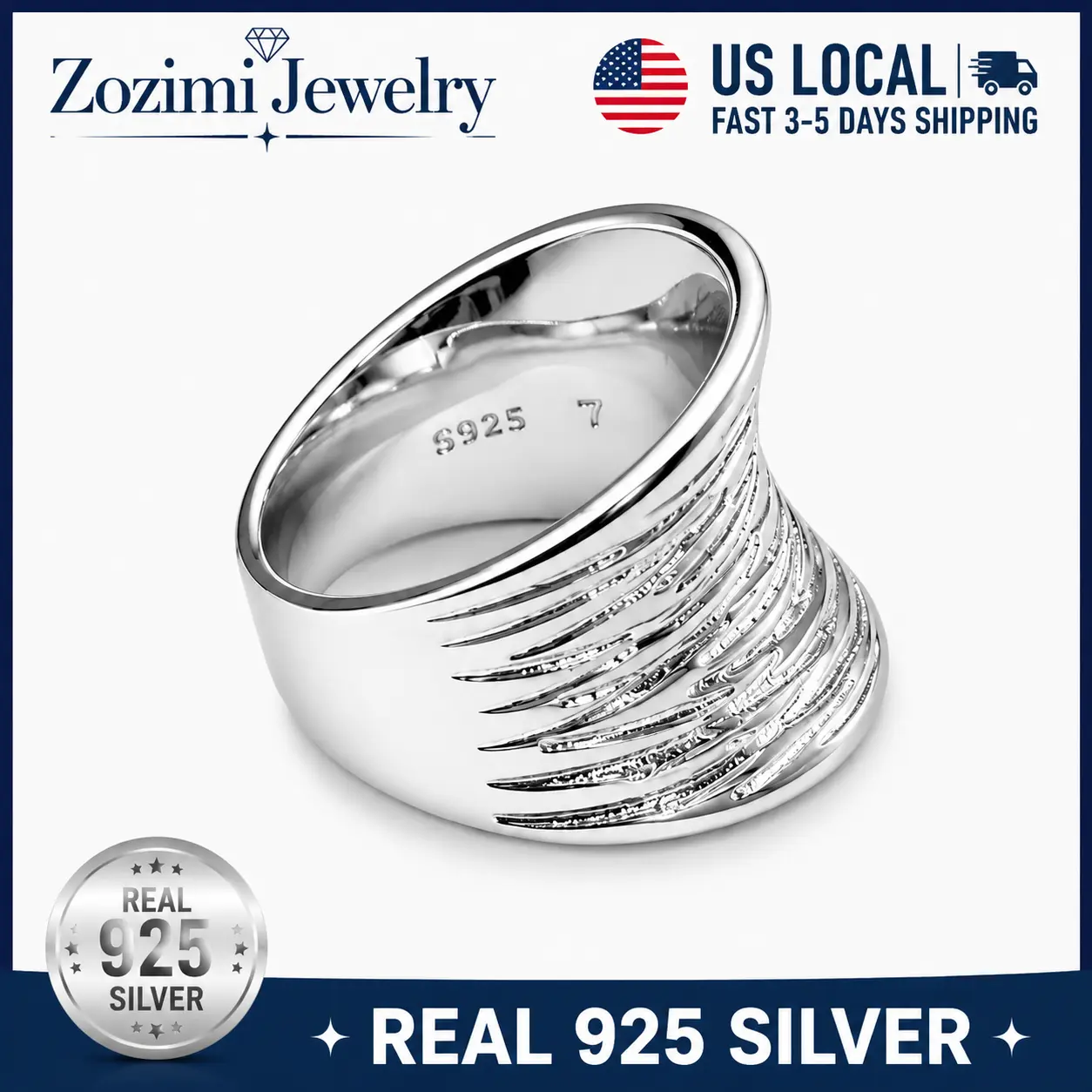 S925 Sterling Silver Wide Concave Textured Hammer Grain Chunky Statement Ring Unisex Handmade Irregular Wavy Texture Silver Band Hypoallergenic Vintage Street Fashion Jewelry Gift Box Packed Anniversary Valentine Gift For Him Her