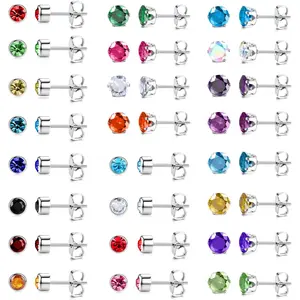 Sanfenly 24-Pair Multi-Color Stainless Steel Cubic Zirconia Stud Earrings Set - Hypoallergenic Post Earrings, Unisex Jewelry for Women, Men, Cartilage & Tragus Piercings