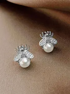 1 Pair Cute Cubic Zirconia & Faux Pearl Stud Earrings For Women For Wedding Engagement Anniversary Party Jewelry Exquisite Jewelry Gift Christmas Day Gift
