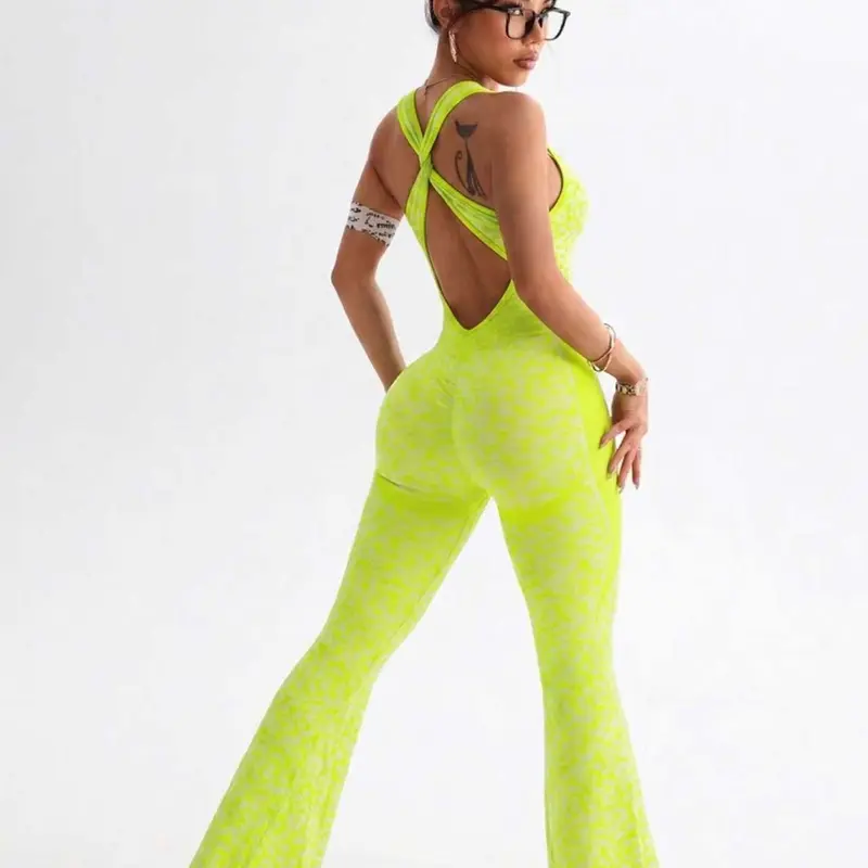 Women's Seamless Sleeveless Jumpsuit, Leopard Print Micro Flare-Leg Jumpsuit, Criss Cross Design, Ideal for Running, Yoga and Outdoor Activities, Stretchy Activewear, Sleeveless Workout Jumpsuit, Sporty Yoga Jumpsuit, Sleeveless Sports Jumpsuit