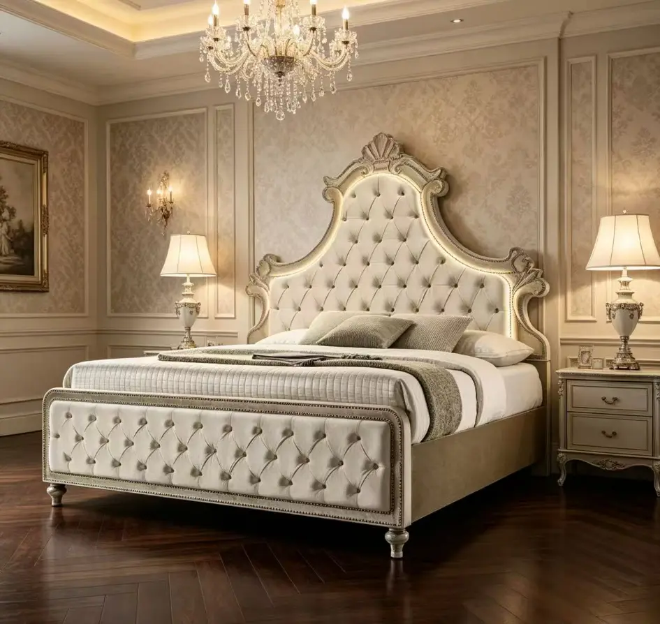 Bellemawe bed, beige velvet plush cushioned bed frame with LED lighting, clustered button headboard and footrest, luxurious French bedroom furniture