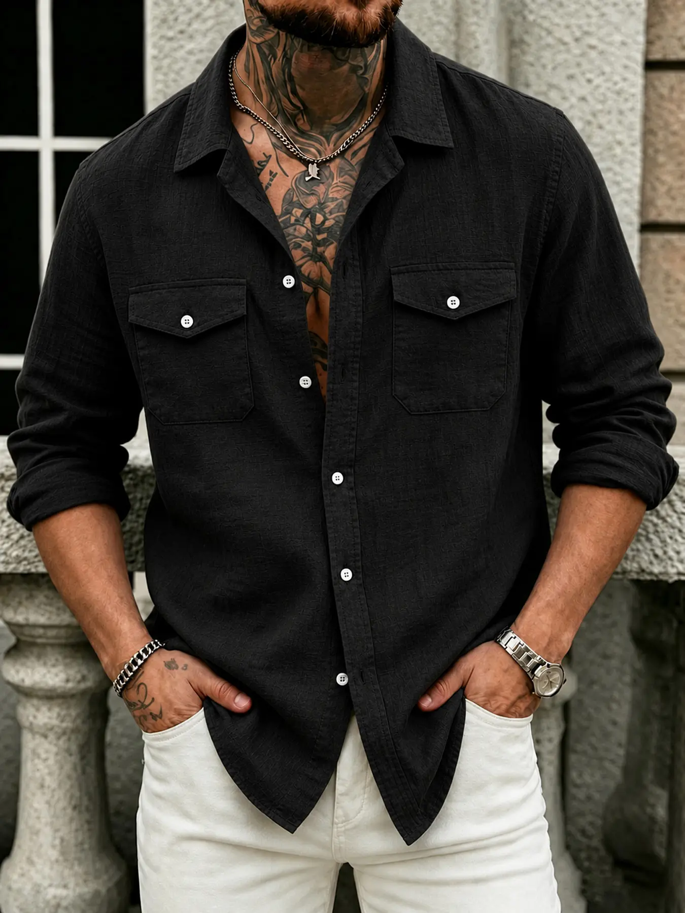 Men's Button-Down Shirt, Stylish Plain Textured Linen-Look Long Sleeve Overshirt with Chest Pocket, Lightweight Top for Daily Wear, Tops, Longsleeves, Thanksgiving